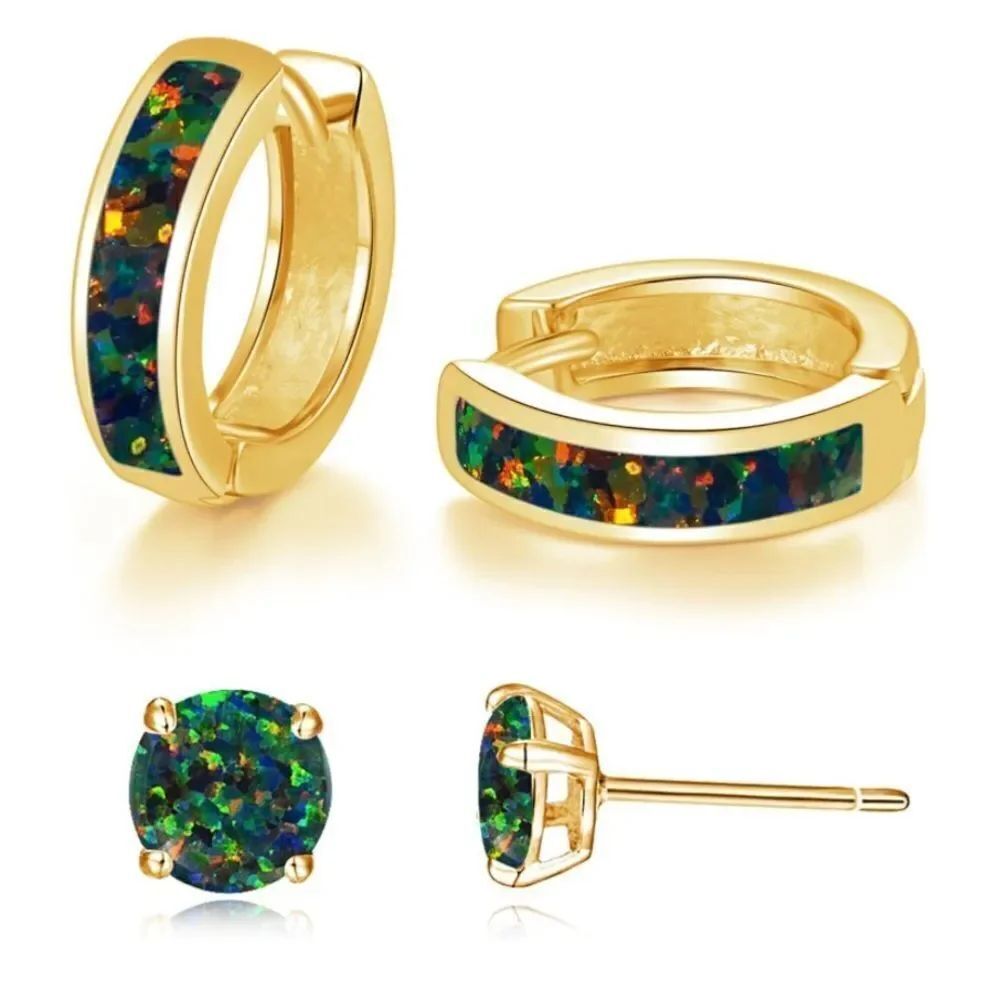 14K Yellow Gold Genuine Green Black Fire Opal Huggie and Stud Earrings Set of 2